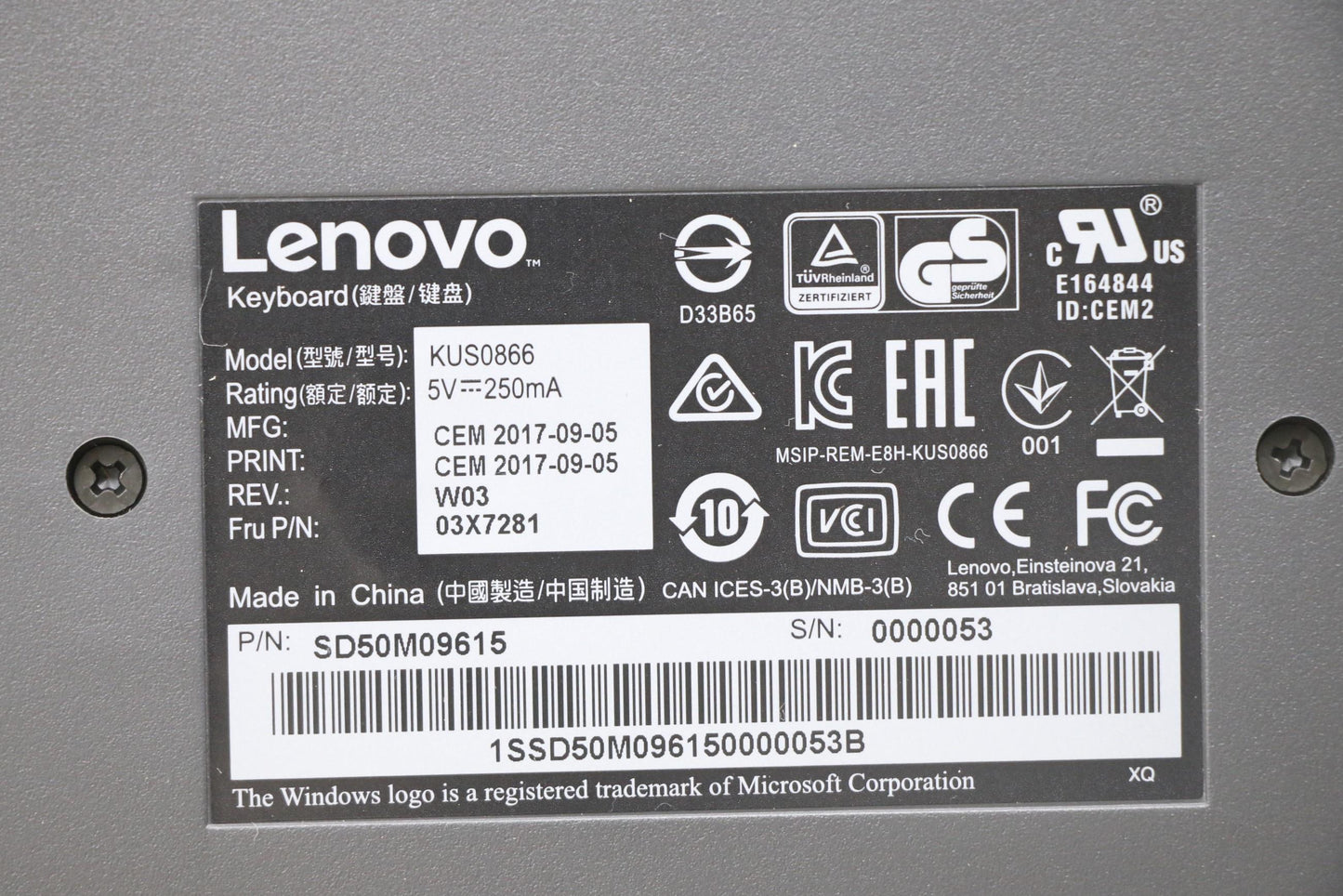 Lenovo Lenovo Usb Smartcard Keyboard - 03X7281