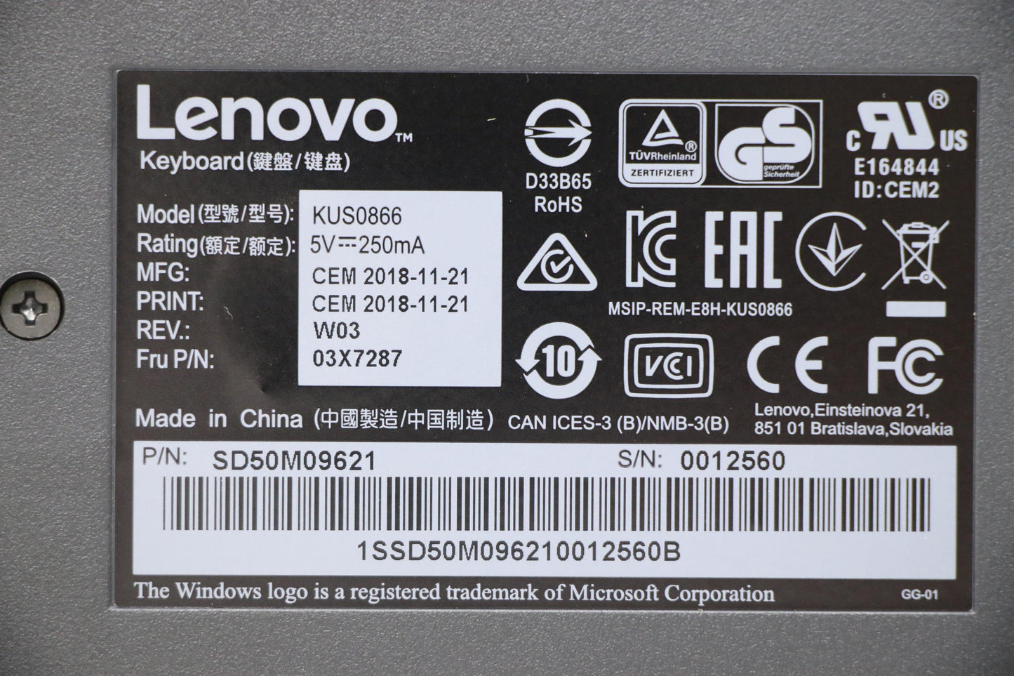 Lenovo 03X7287 Lenovo Usb Smartcard Keyboard