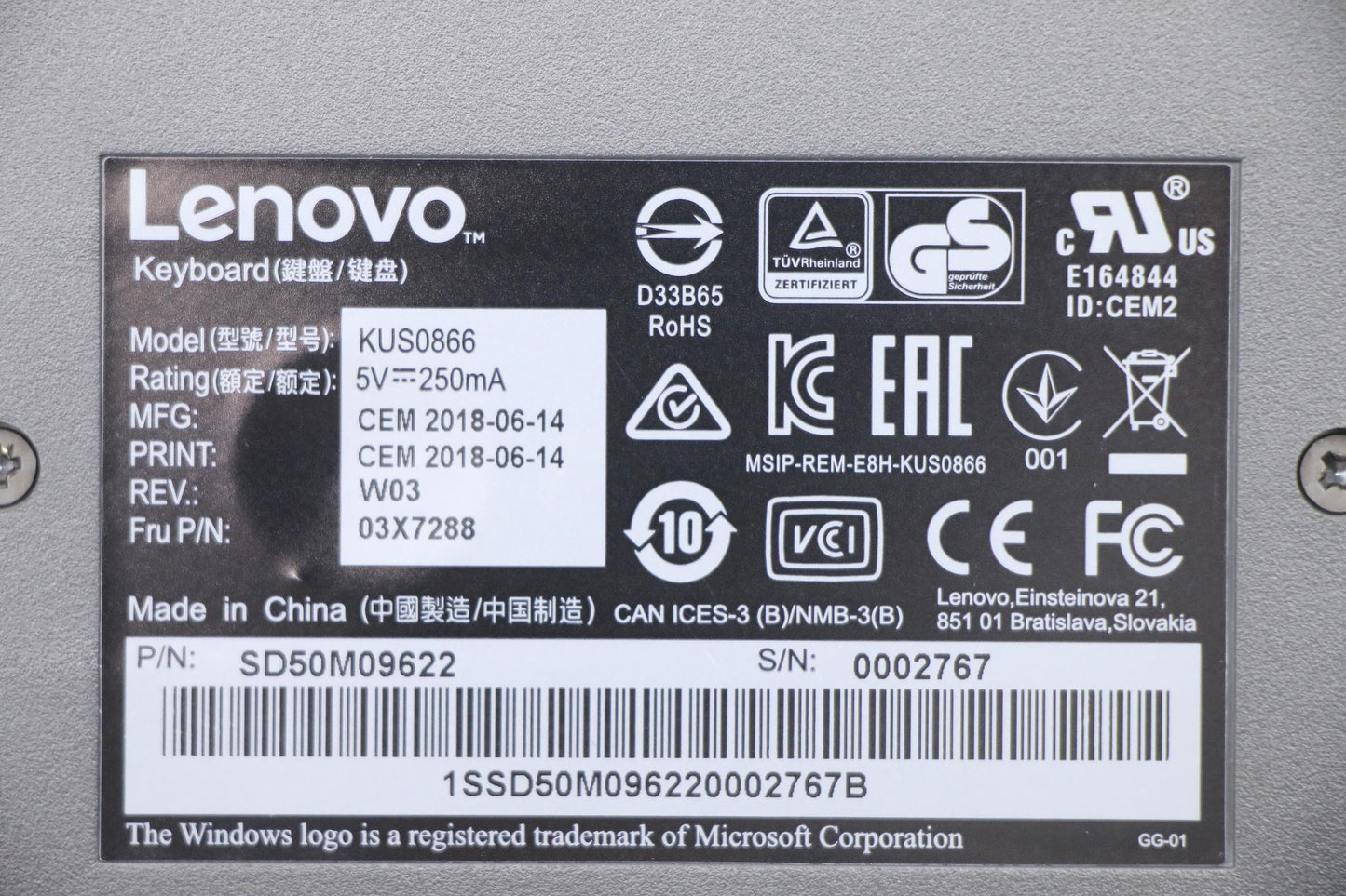 Lenovo Lenovo Usb Smartcard Keyboard - 03X7288
