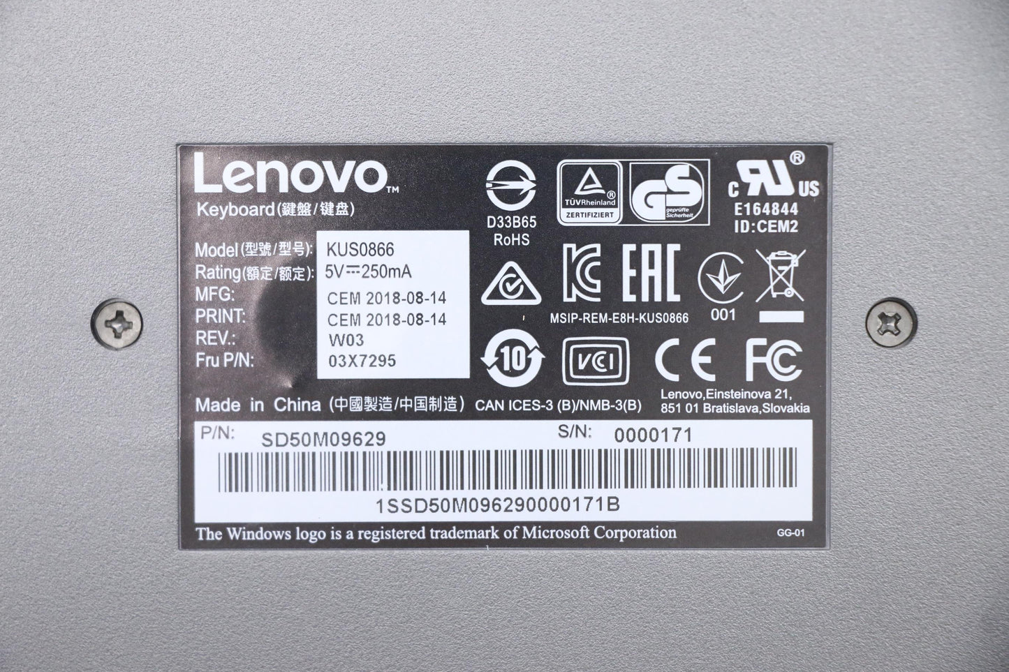 Lenovo Lenovo Usb Smartcard Keyboard - 03X7295