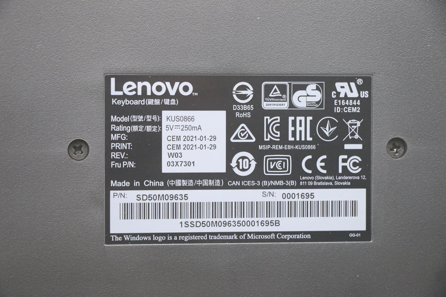Lenovo Lenovo Usb Smartcard Keyboard - 03X7301