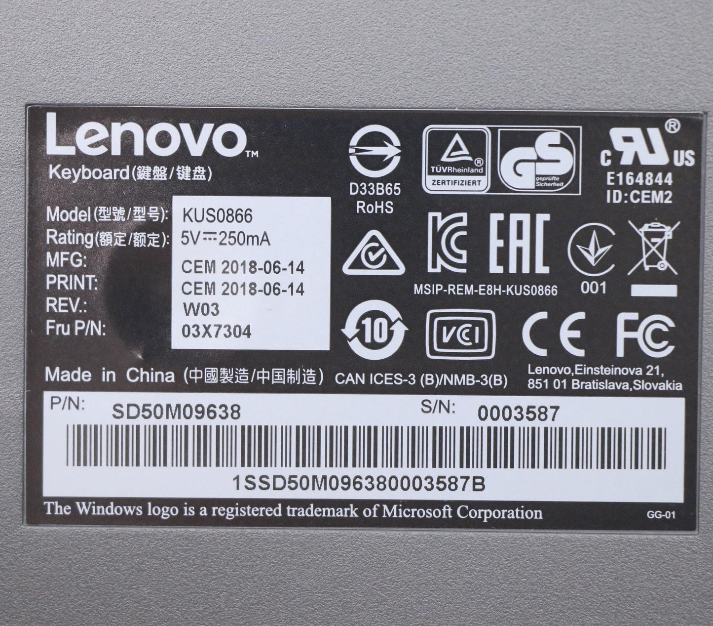 Lenovo Lenovo Usb Smartcard Keyboard - 03X7304