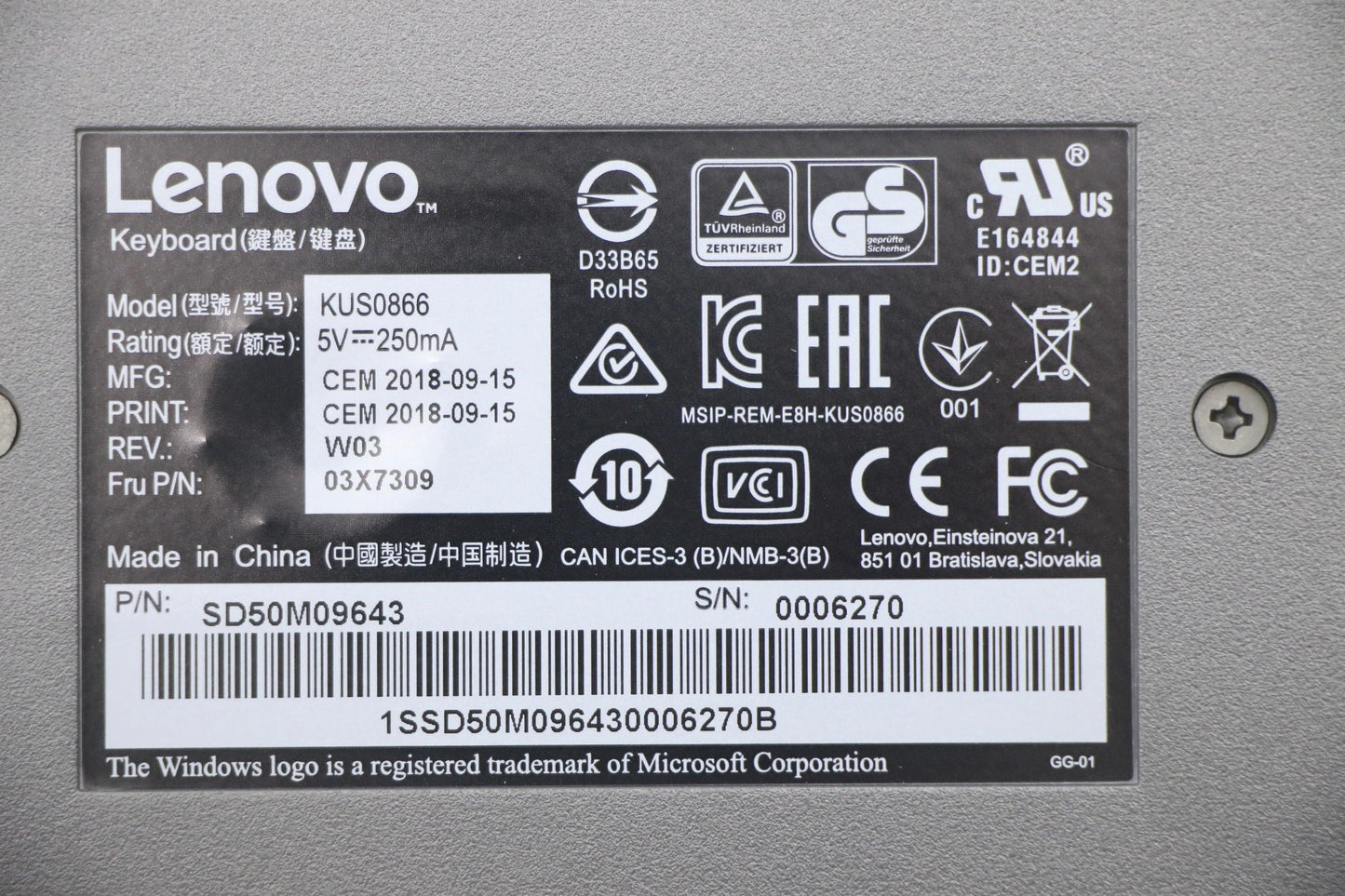 Lenovo Kb Mice Bo Usb Smartcard Keybo - 03X7309