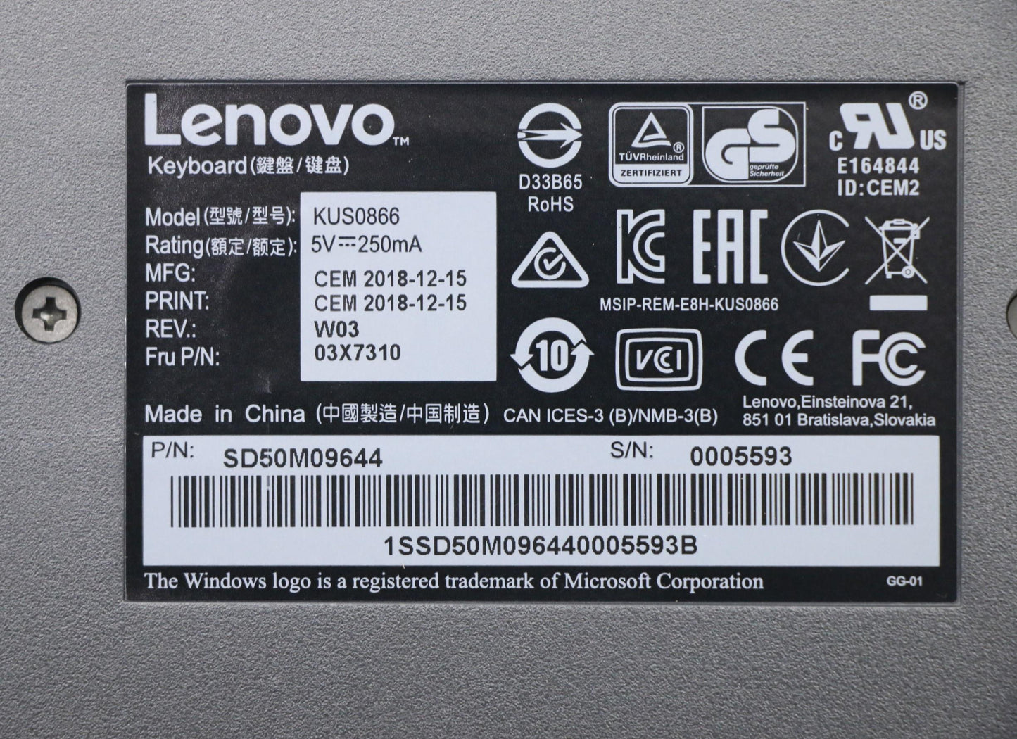 Lenovo Lenovo Usb Smartcard Keyboard - 03X7310
