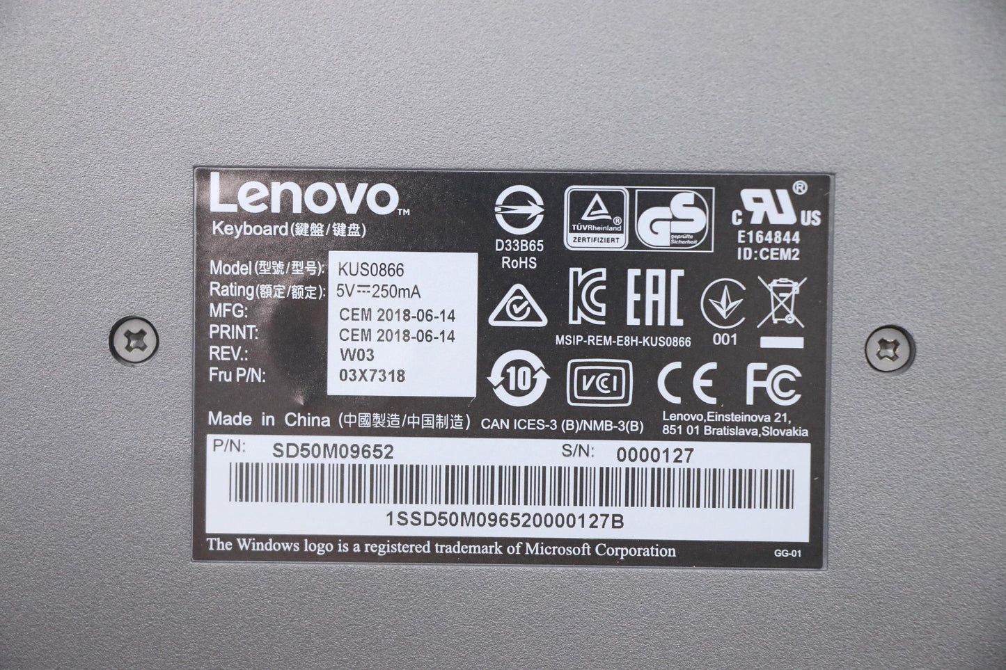 Lenovo Lenovo Usb Smartcard Keyboard - 03X7318
