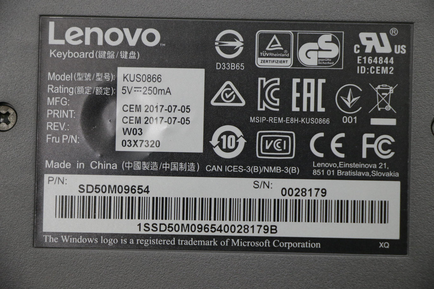 Lenovo Lenovo Usb Smartcard Keyboard - 03X7320