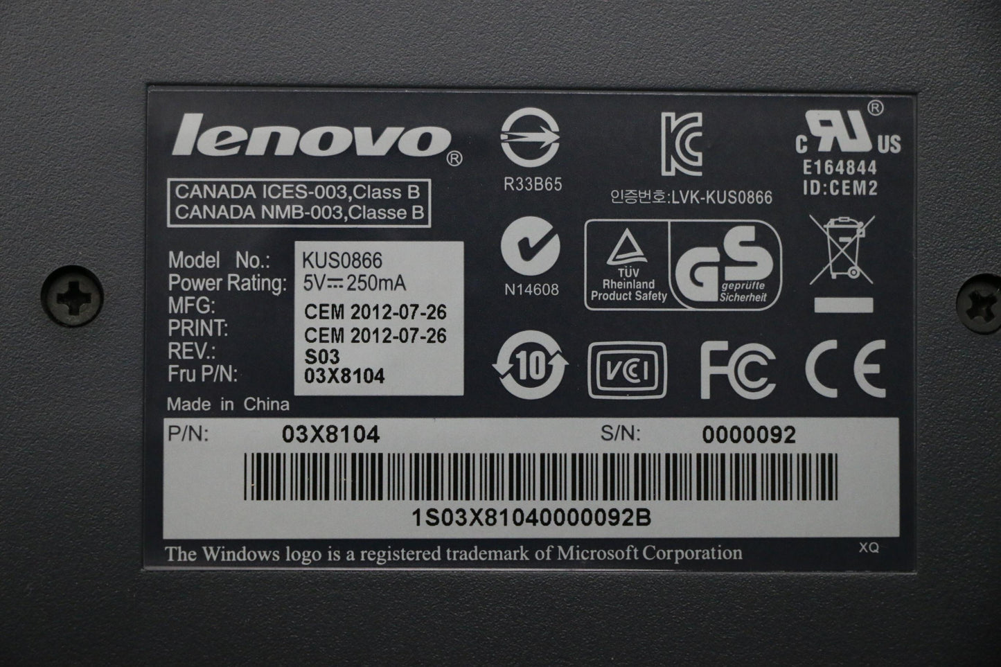 Lenovo Kb Keyboards External - 03X8104
