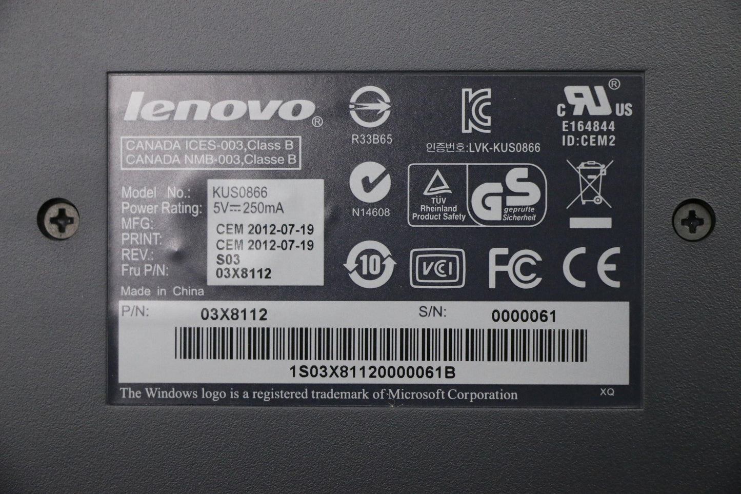 Lenovo Keyboard Lenovo Usb Smartcard - 03X8112