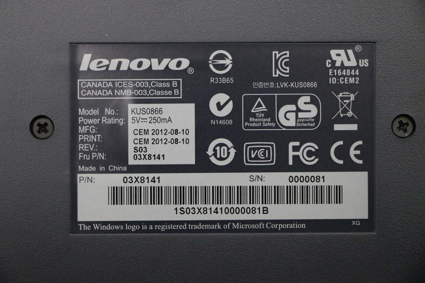 Lenovo Keyboard Lenovo Usb Smartcard - 03X8141