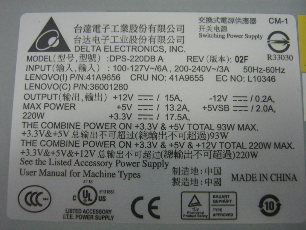 Lenovo 41A9655 Powersup 220 P/S