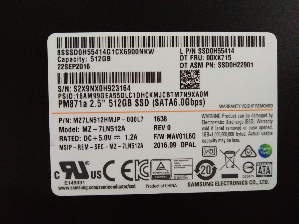 Lenovo (00XK715) 512GB SSD, 2.5", 7mm, SATA3, Samsung, OPAL 2.0