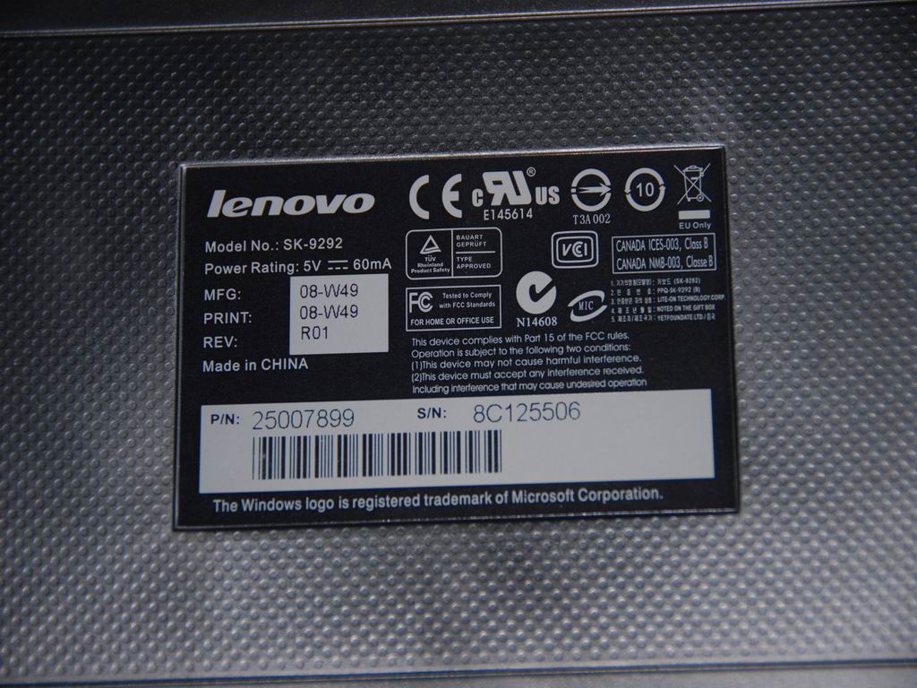 Lenovo 25007899 Keyboard Liteon Lxh-Sk9292 Usb