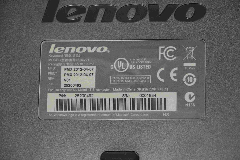 Lenovo 25200492 Kb Primax Lxh-Kb4721(Us) B-Sil