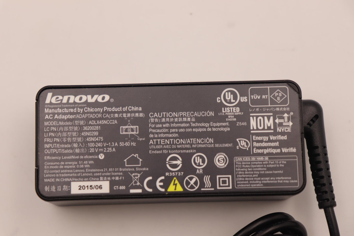 Lenovo (45N0299) 45W AC Adapter, Rectangle, 2-Prong, Black