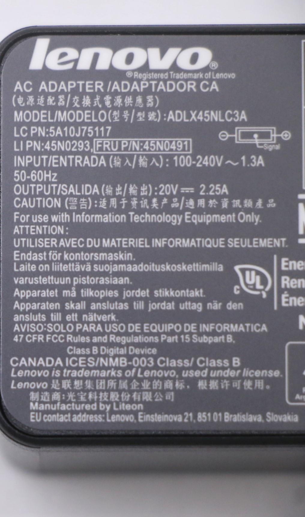 Lenovo (5A10J75117) ADLX45NLC3A AC Adapter, 20V, 2.25A