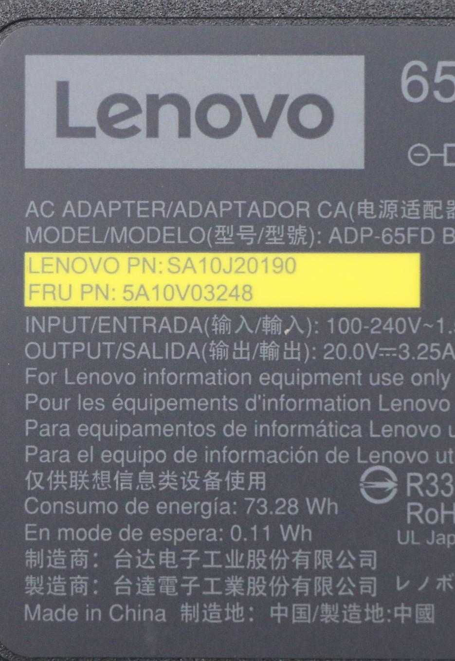 Lenovo (5A10V03248) 65W Rectangle AC Adapter, 3-Pin, Black