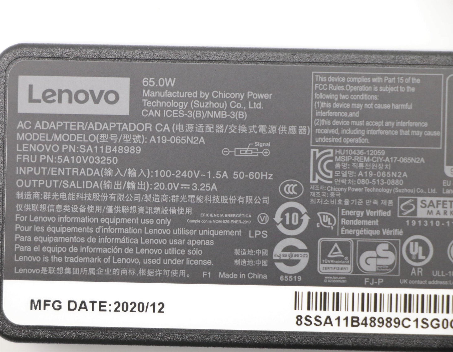 Lenovo (5A10V03250) AC Adapter, Rectangle, 65W, 3P, Black