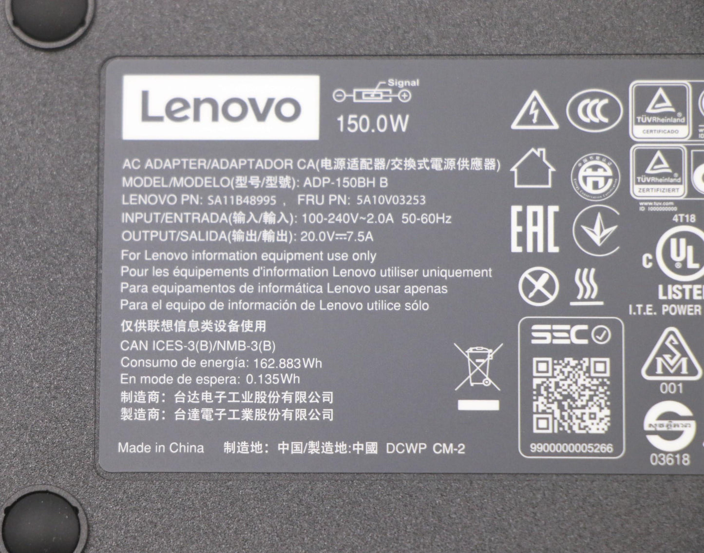 Lenovo (5A10V03253) 150W AC Adapter, Rectangle Connector, 3-Prong, Black