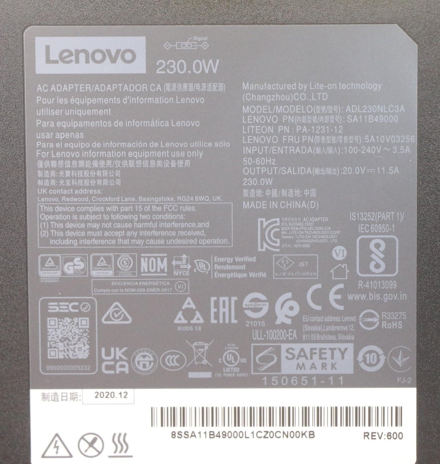 Lenovo (5A10V03256) AC Adapter, Rectangle, 230W, 3-prong, Black