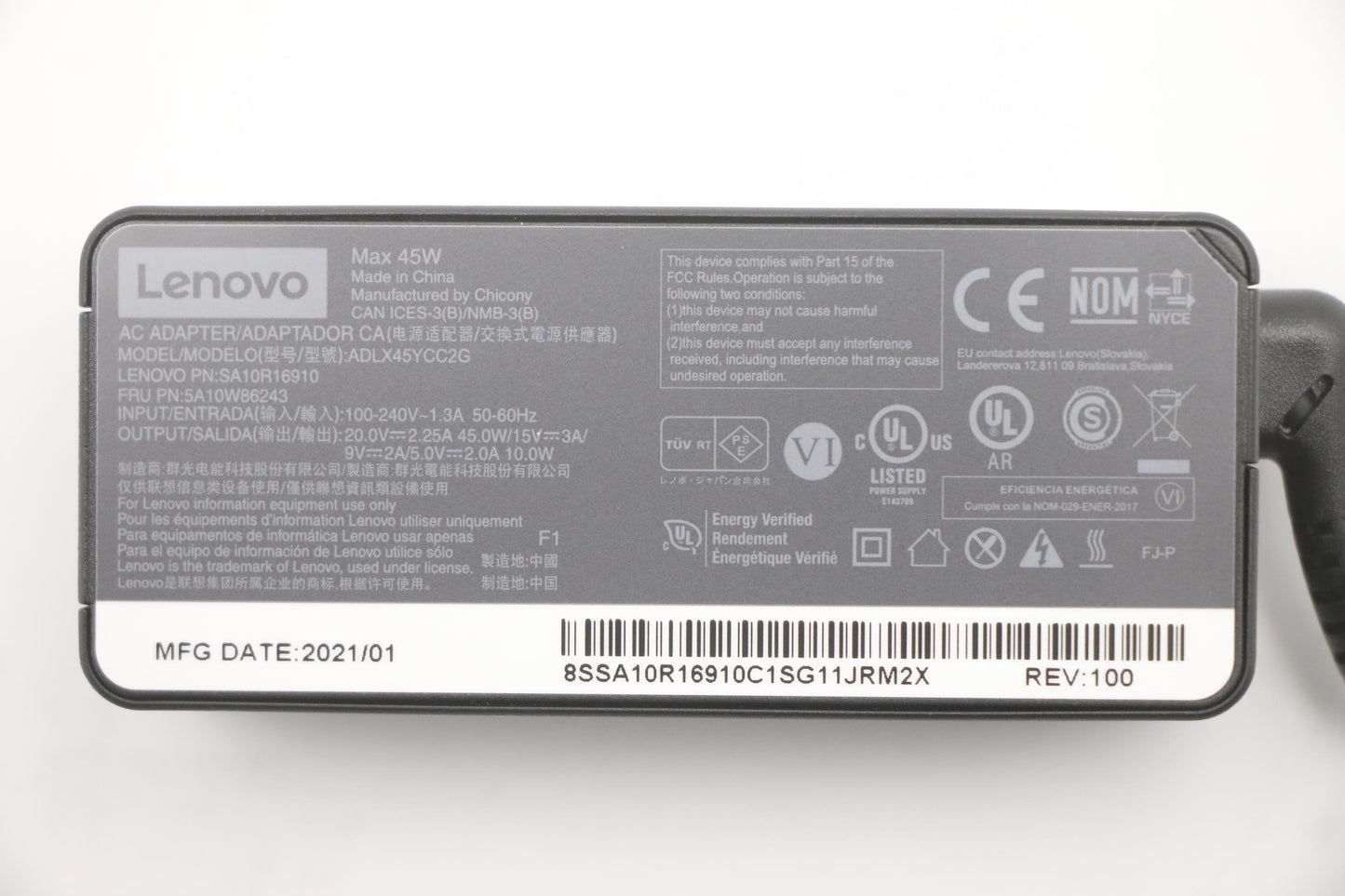 Lenovo (5A10W86243) Type-C 45W AC Adapter, 2-Prong, Black