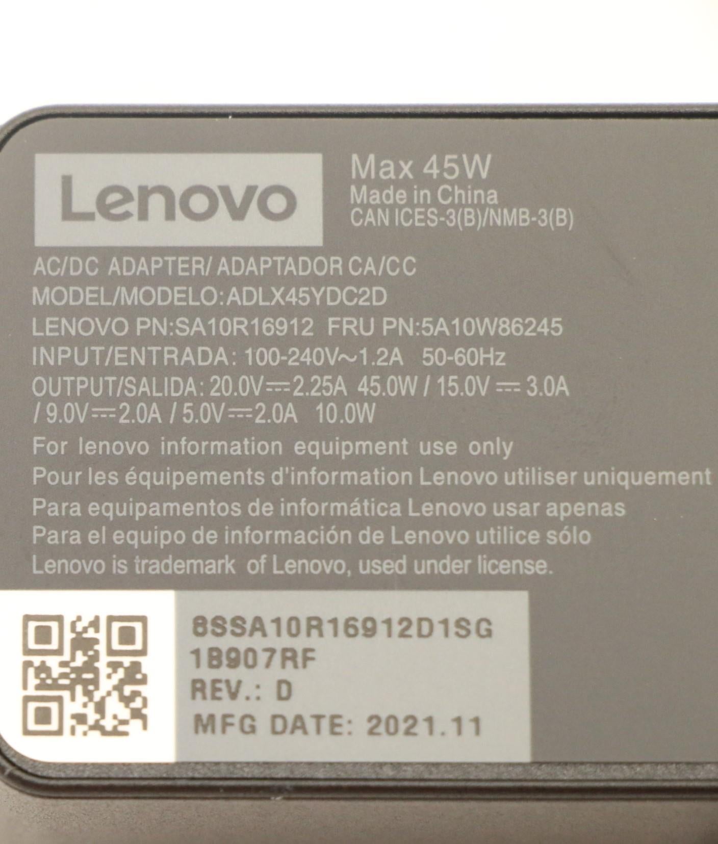 Lenovo (5A10W86245) AC Adapter Type-C 45W, 2P, Black