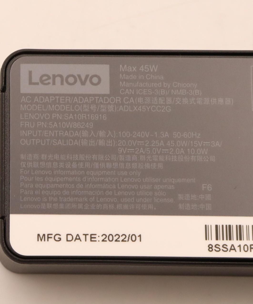 Lenovo (02DL103) 45W Power Adapter, 20/15/9/5V, 2-Prong, Worldwide, LTN