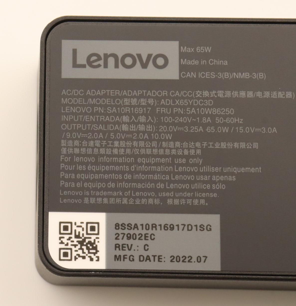Lenovo Ac_Adapter Pd,65W,20/15/9/5V,3 - 5A10W86250