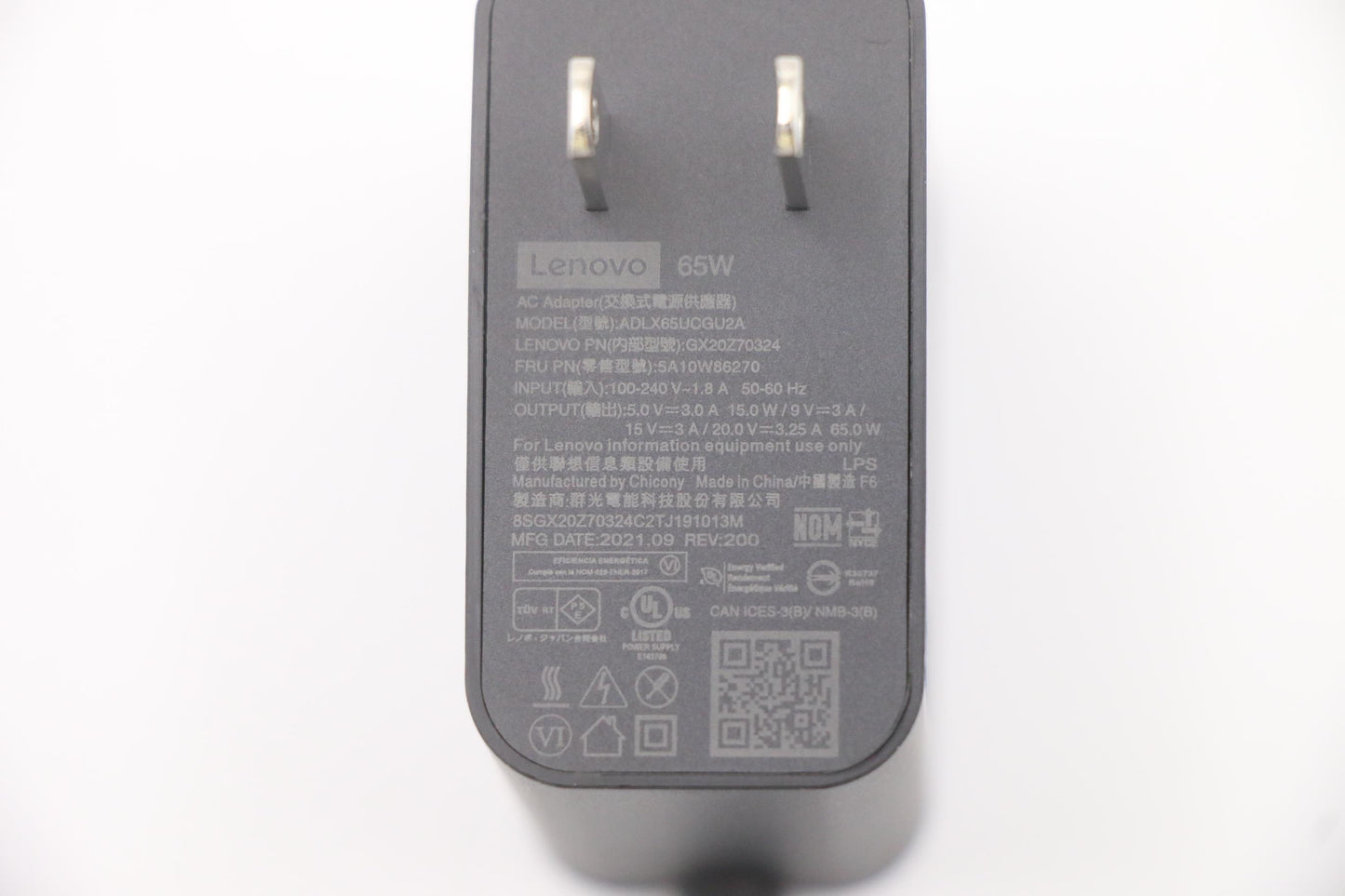 Lenovo (5A10W86270) AC Adapter, Type-C, 65W, 2-Pin, US, Black