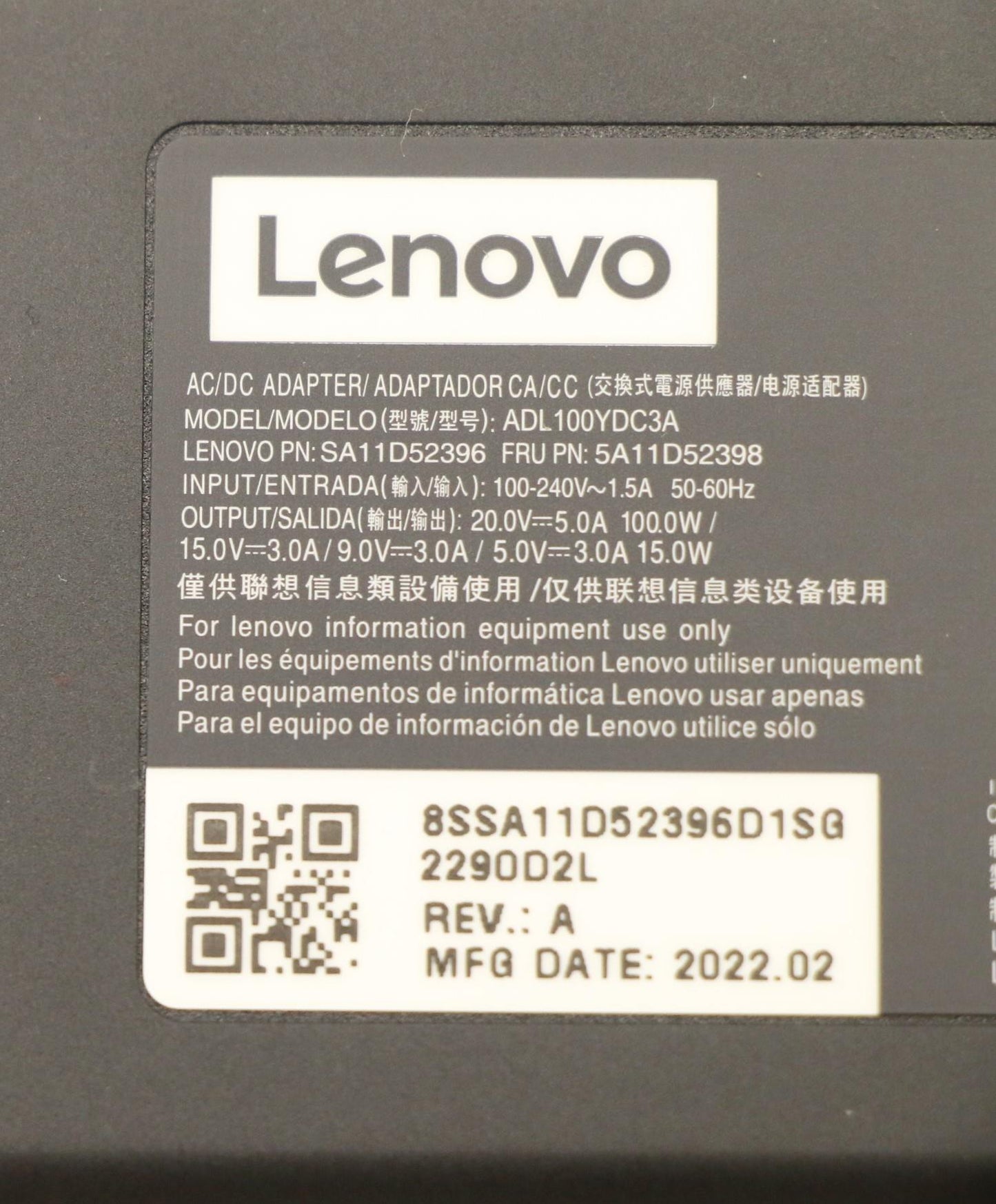 Lenovo (5A11D52398) 100W Type-C AC Adapter, 3-Pin, Black