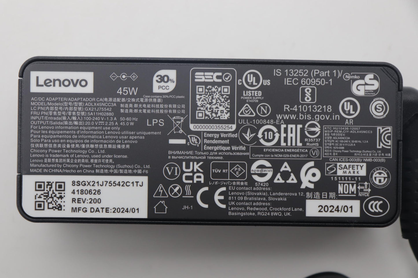 Lenovo Acadapter 45W,3P,Ww,Chy - 5A11H02880