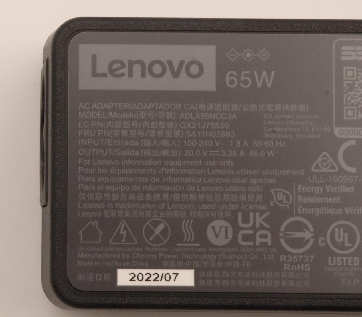 Lenovo (5A11H02883) 65W Round AC Adapter, 3-Pin, Black