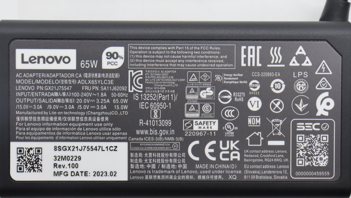 Lenovo Ac_Adapter Pd,65W,20/15/9/5V,3 - 5A11J62092