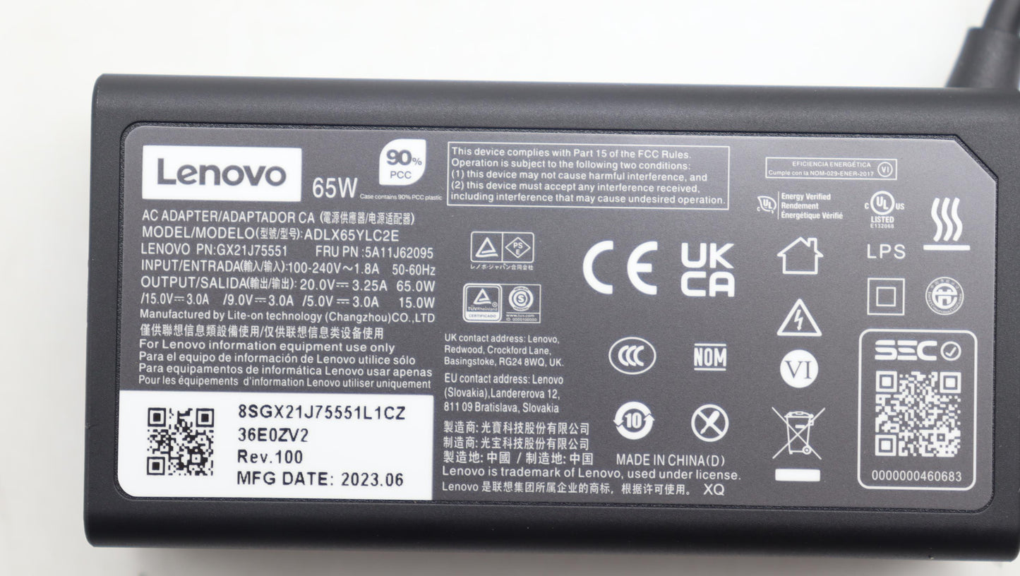 Lenovo Power Supply 65W PD Adapter 2 Pin Multi Voltage - 5A11J62095