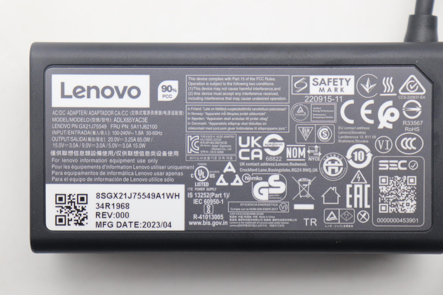 Lenovo (5A11J62100) AC Adapter, Type-C, 65W, 3P, Black