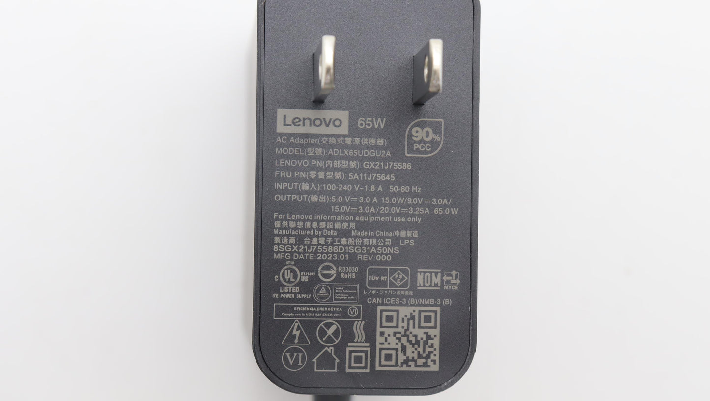 Lenovo - AC Adapter, Type-C, 65W, 2-Prong, USA Version, Black - 5A11J75645