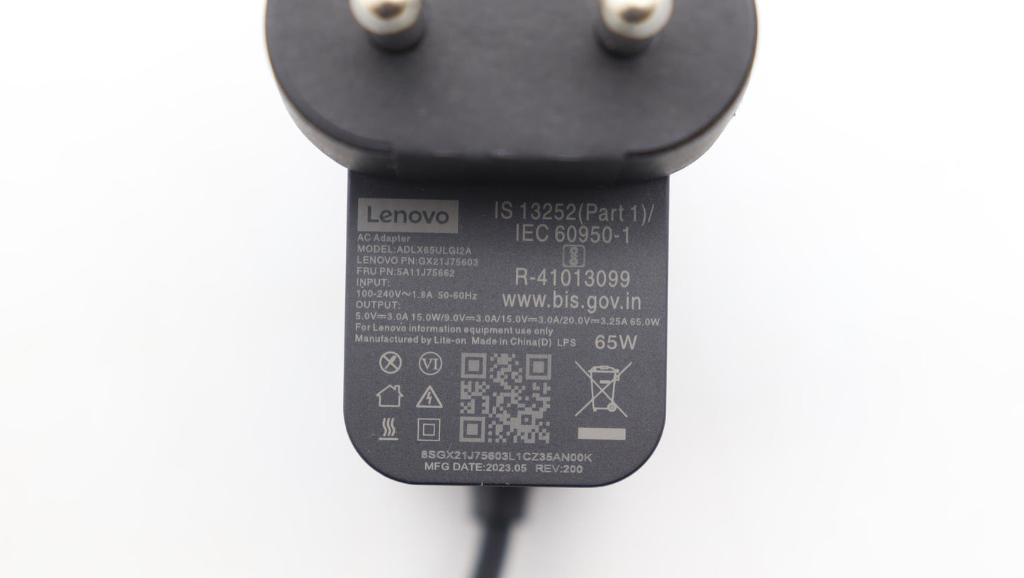 Lenovo 65W Type-C AC Adapter, 2-Pin, Black, IND - 5A11J75662