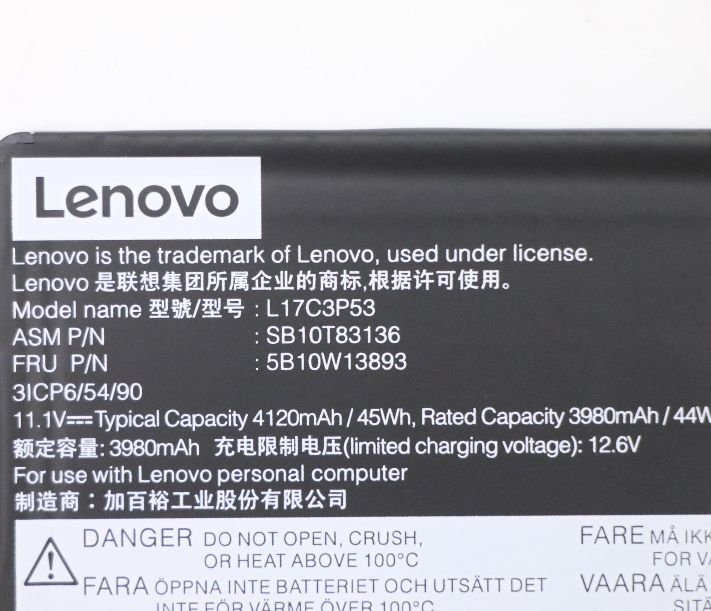 Lenovo (5B10W13893) Internal Battery, 3-Cell, 45Wh