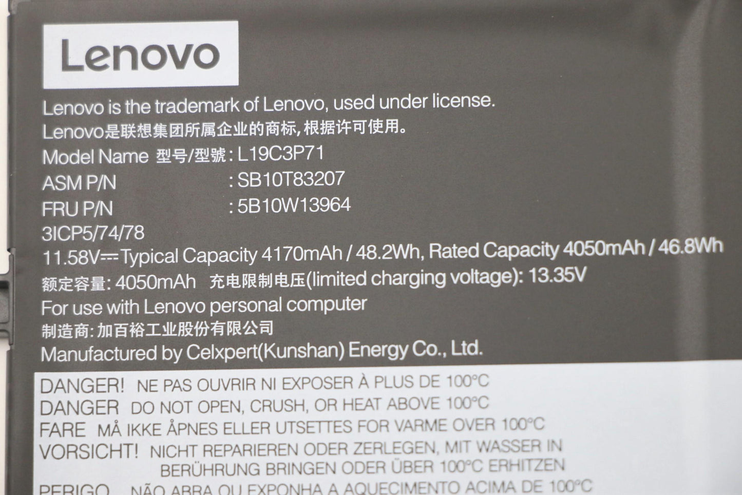 Lenovo (5B10W13964) Battery, 11.58V, 48.2Wh, 3-cell