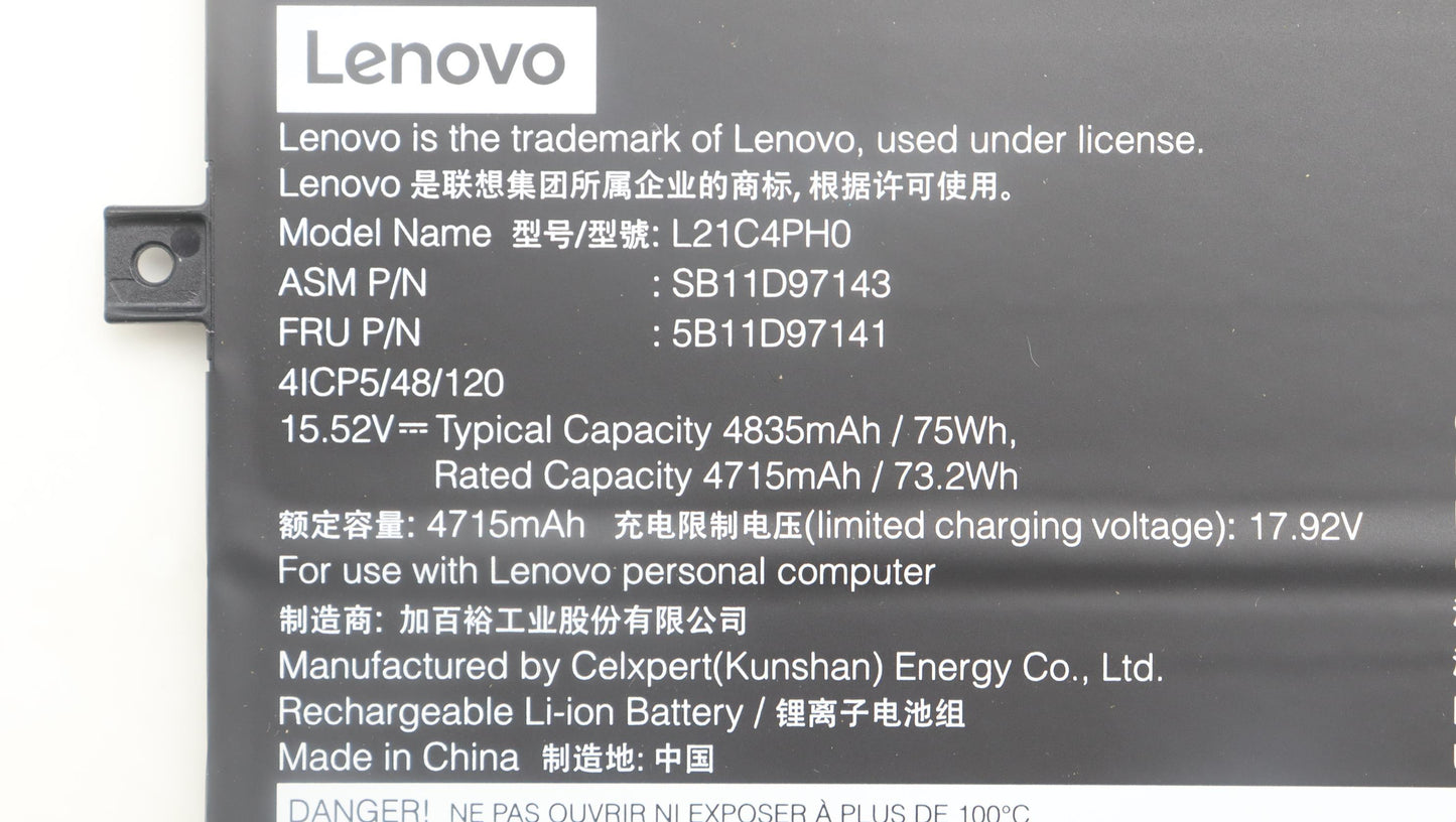 Lenovo (5B11D97141) Internal Battery, 4-Cell, 75Wh, 15.52V