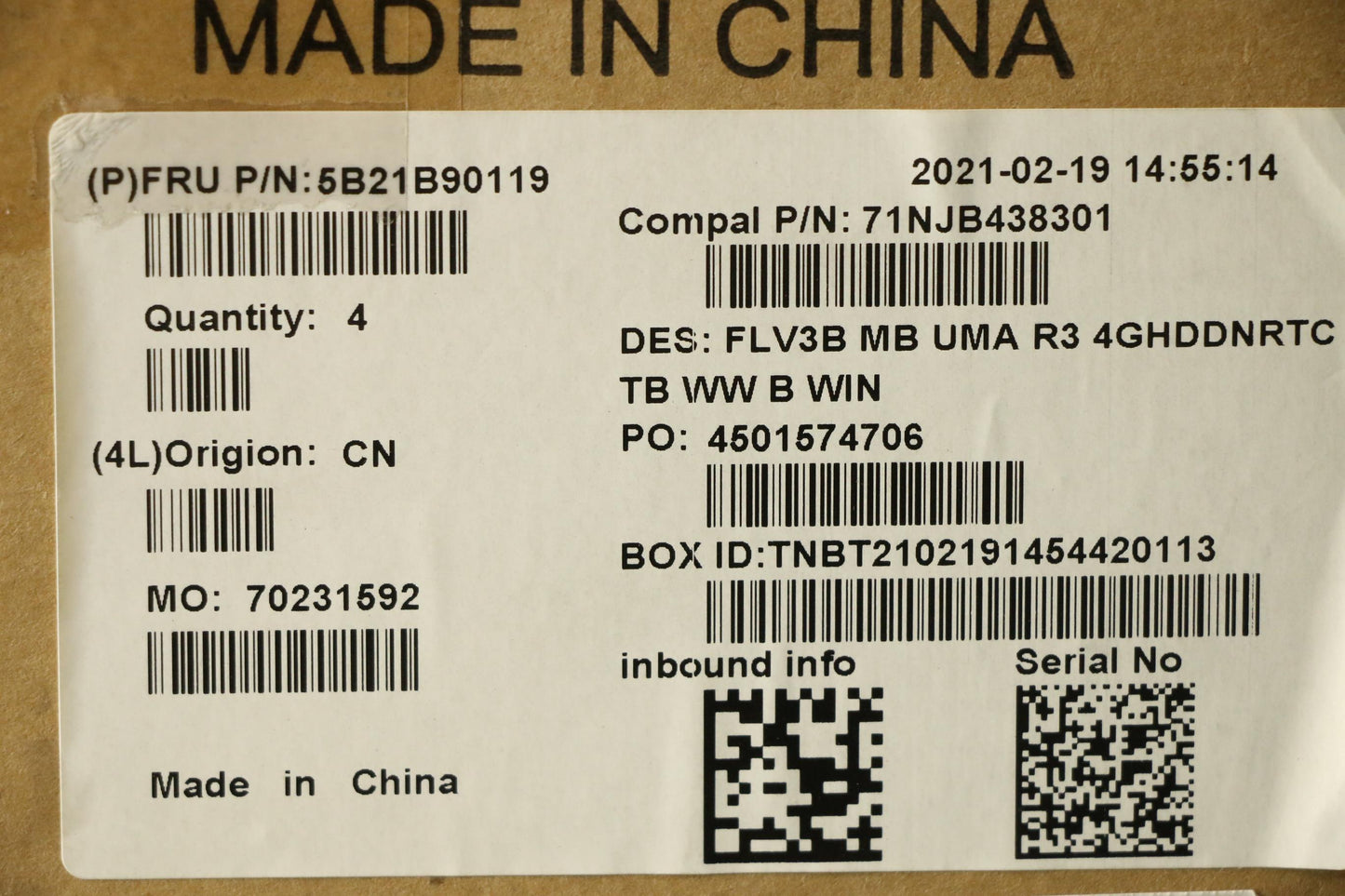 Lenovo Bdplanar Mbc20Vg Winr343_Uma4G - 5B21B90119