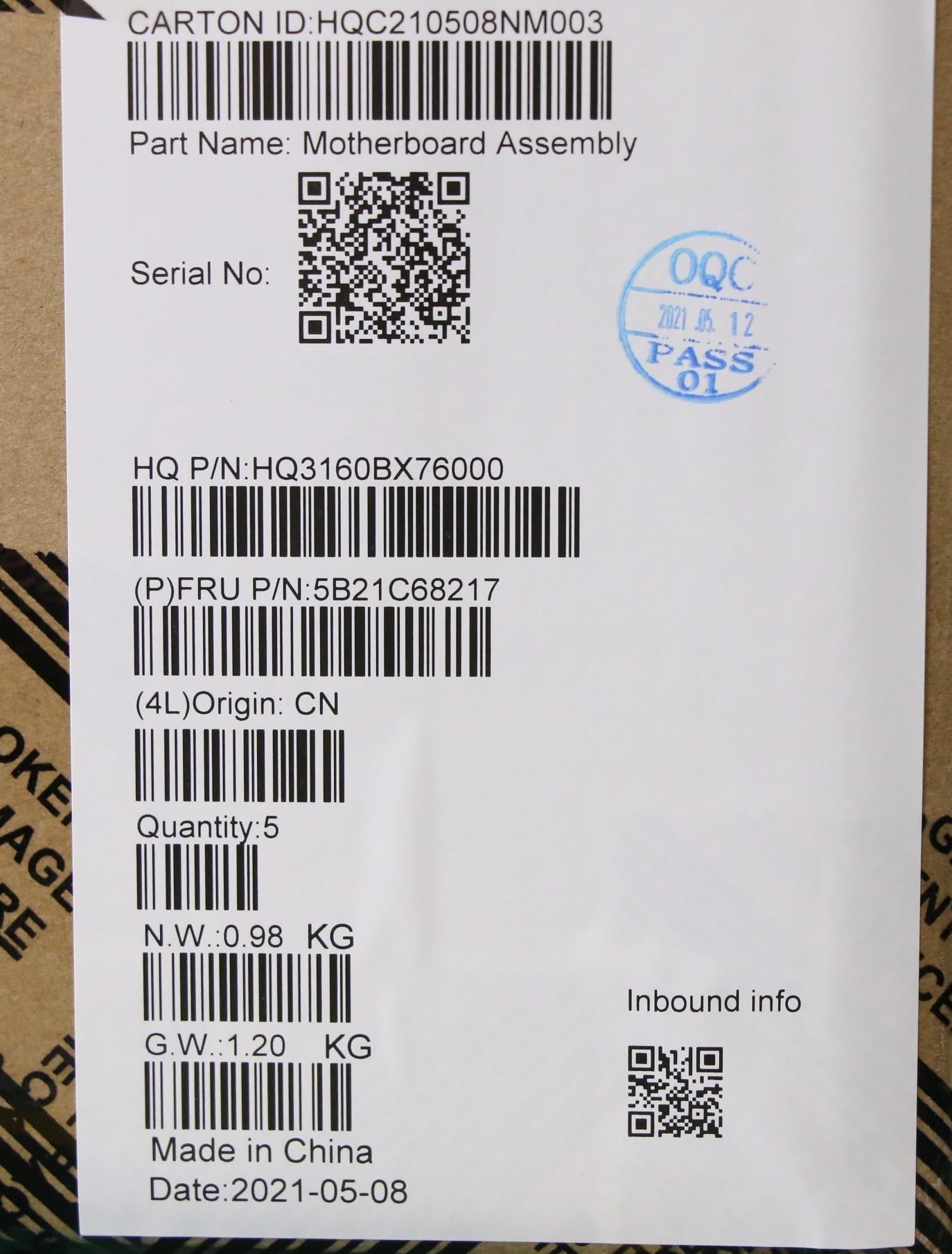 Lenovo Motherboard, i7-1160G7, UMA, 16GB RAM, TPM, AX, WW, Windows - 5B21C68217