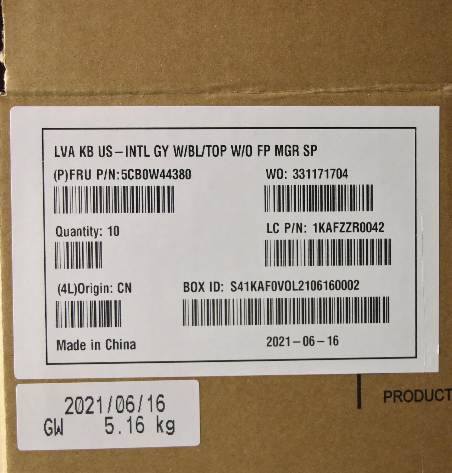 Lenovo Lva Kb Us-Intl W Bl Top W O Fp - 5CB0W44380