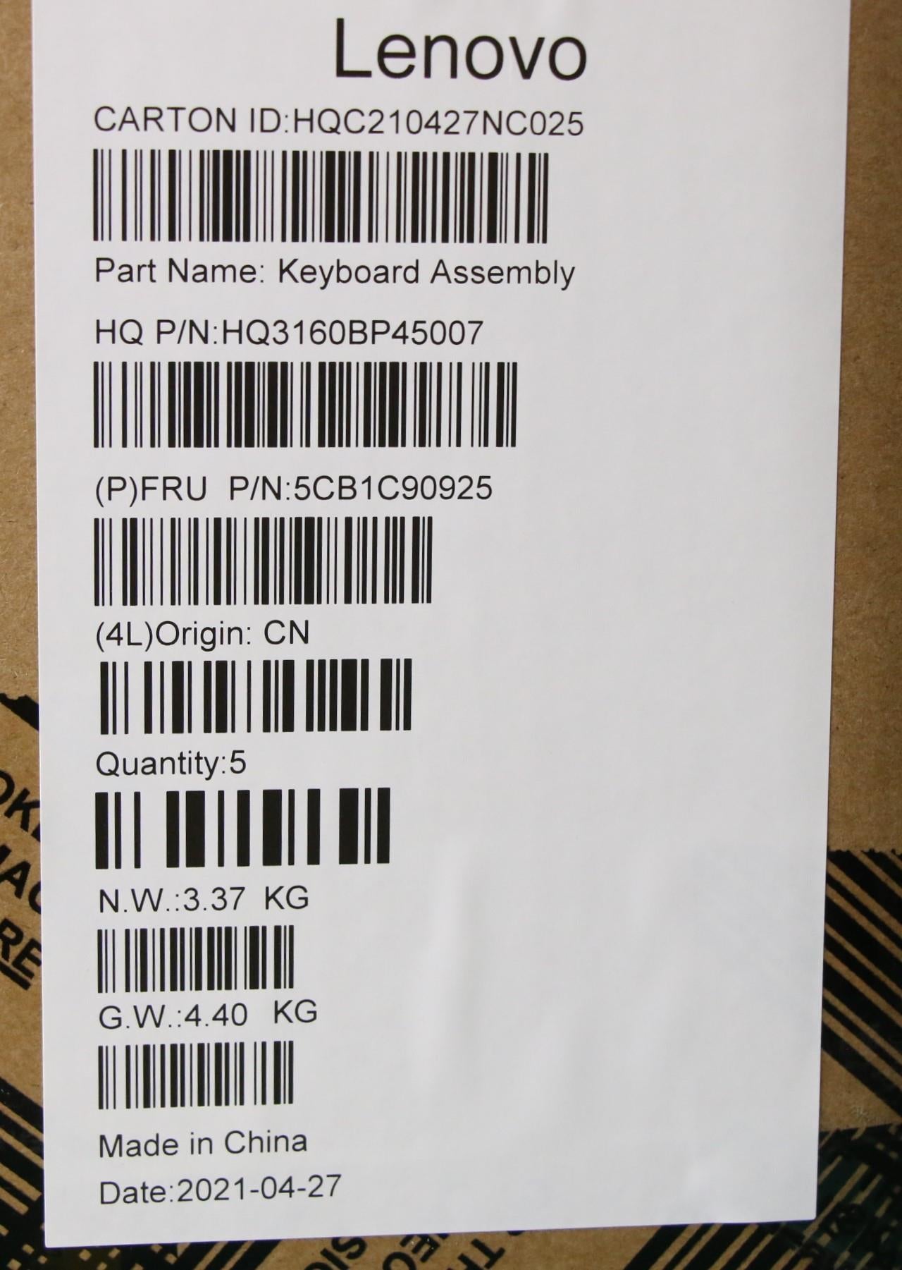 Lenovo C-Cover with Keyboard, USA English Layout, Grey, Non-Backlit - 5CB1C90925