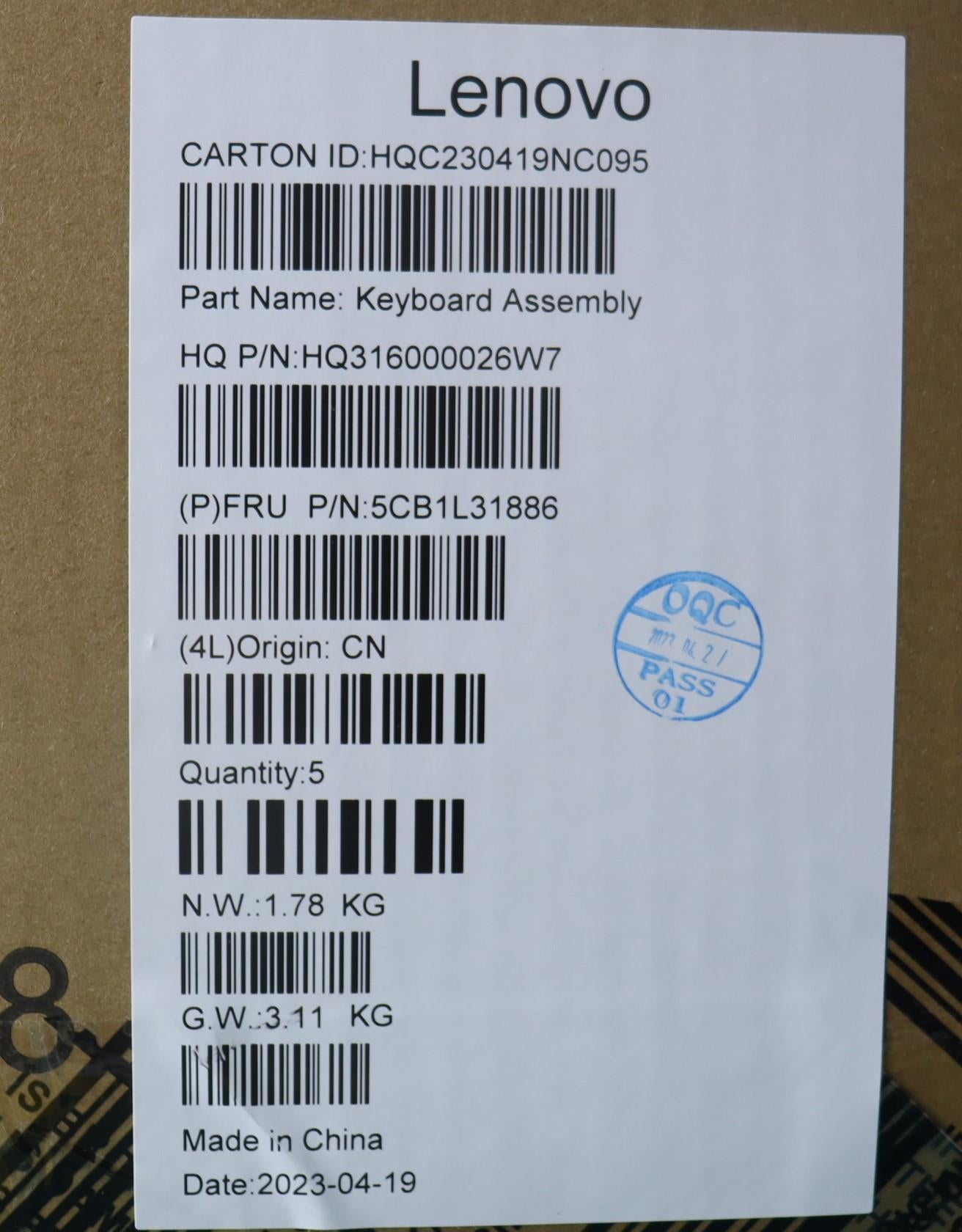 Lenovo Cover Upper Case Assembly Thai - 5CB1L31886