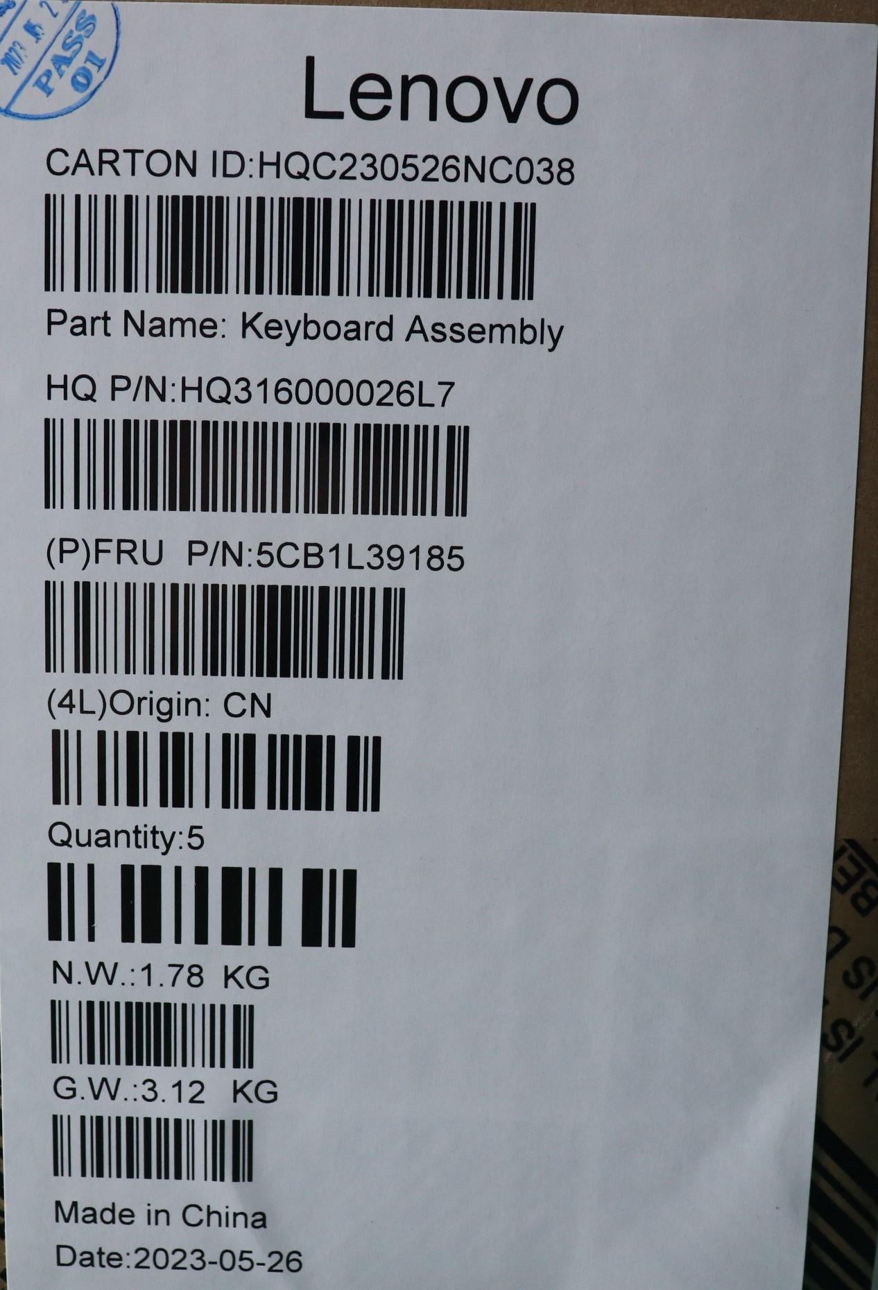 Lenovo Cover Upper Case Assembly Eng - 5CB1L39185