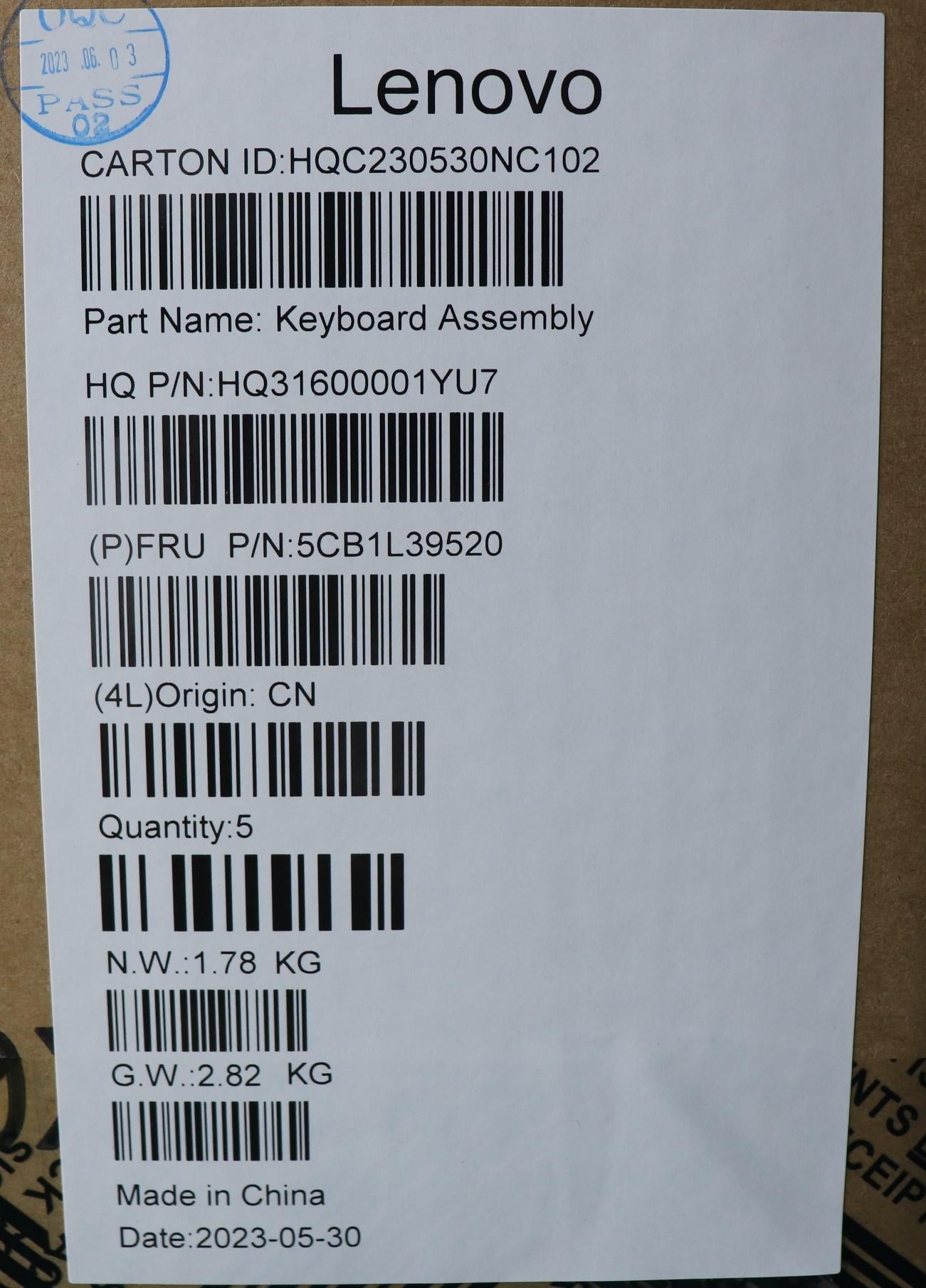 Lenovo Cover Upper Case Assembly Euro - 5CB1L39520