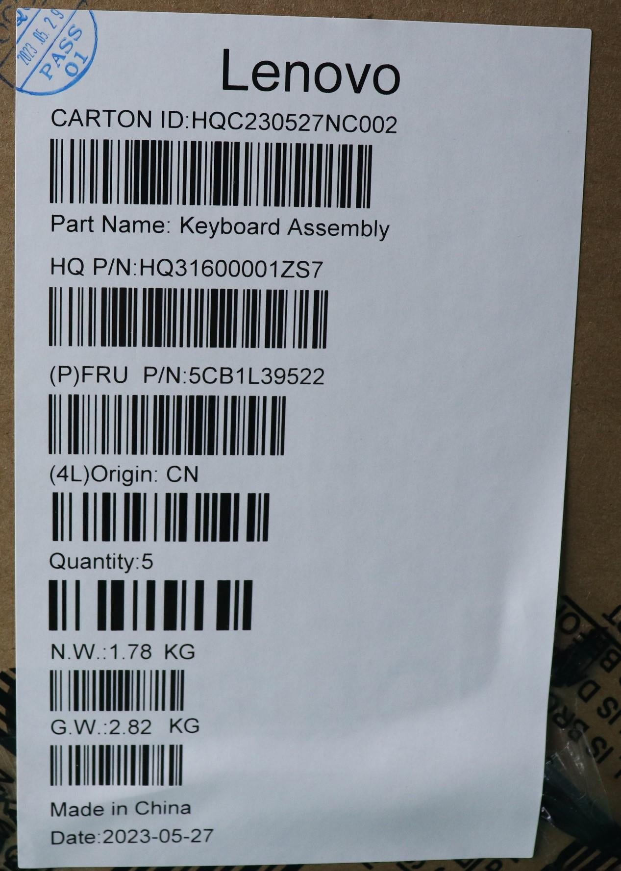Lenovo Cover Upper Case Assembly Euro - 5CB1L39522