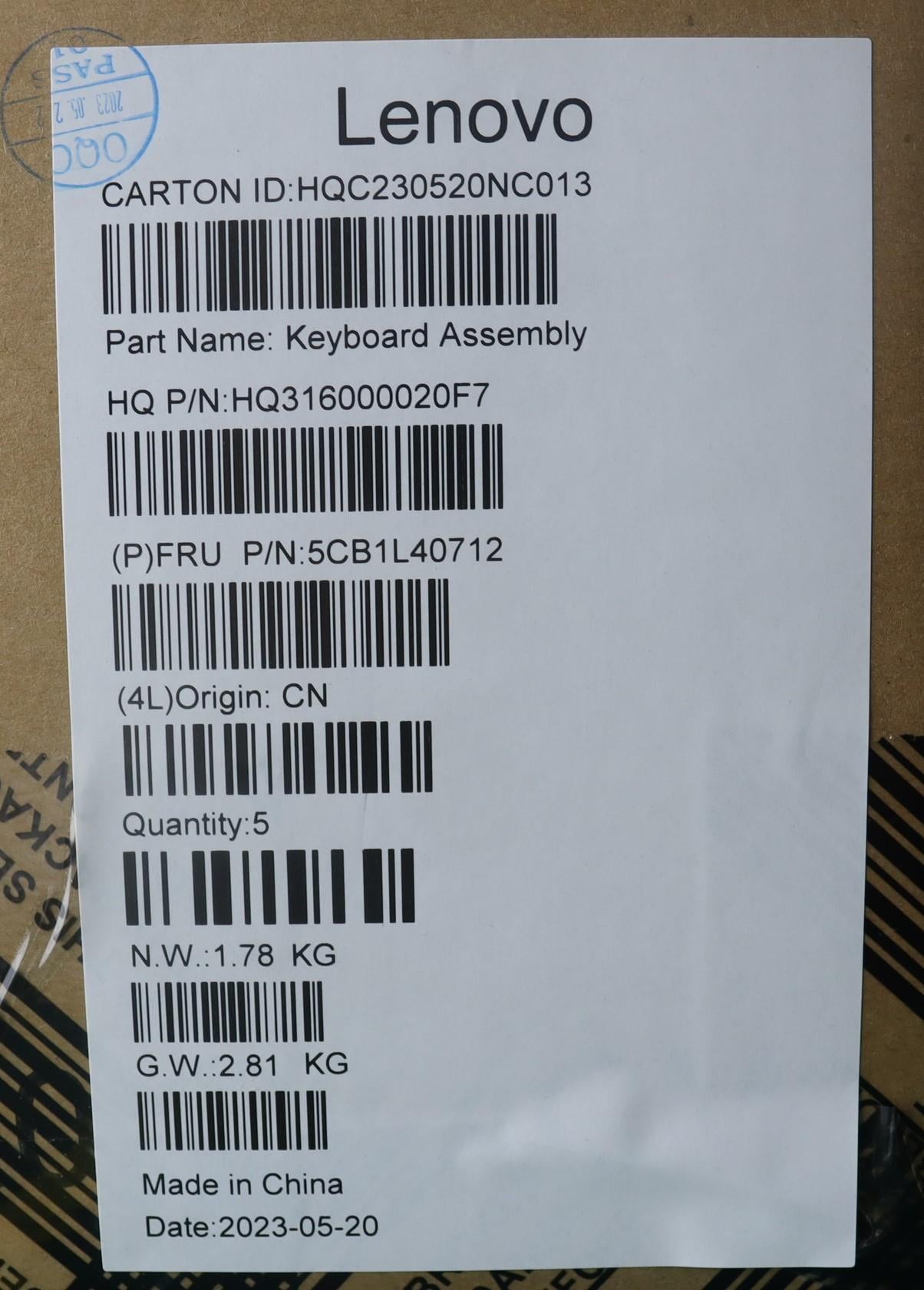 Lenovo Cover Upper Case Assembly Uke - 5CB1L40712