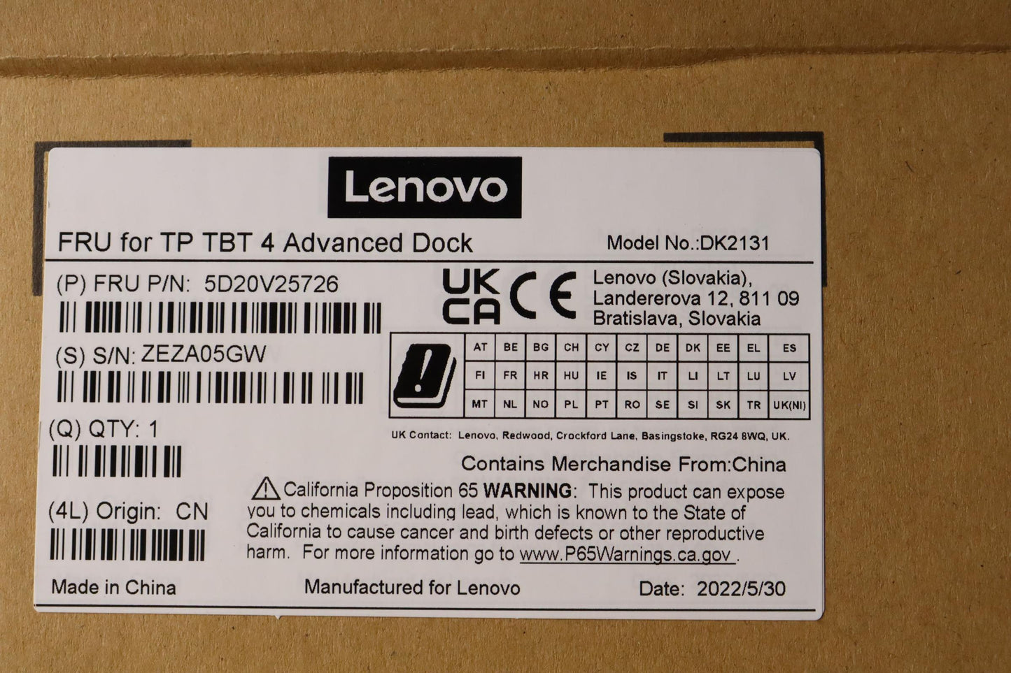 Lenovo 5D20V25726 Docking Fru For Tp Tbt 4 Advan