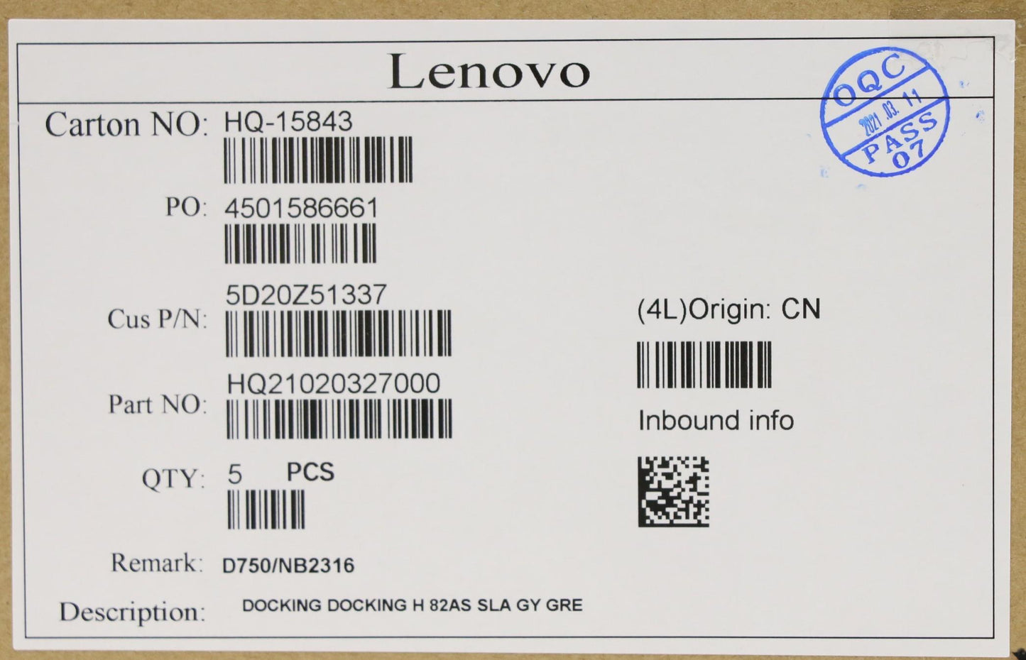 Lenovo 5D20Z51337 Docking Docking H 82As Sla Gy